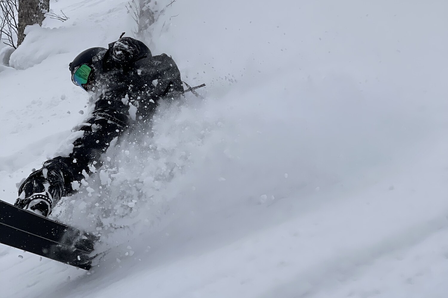 Snowboarder carving a deep powder turn through the trees, spray flying, Japan backcountry